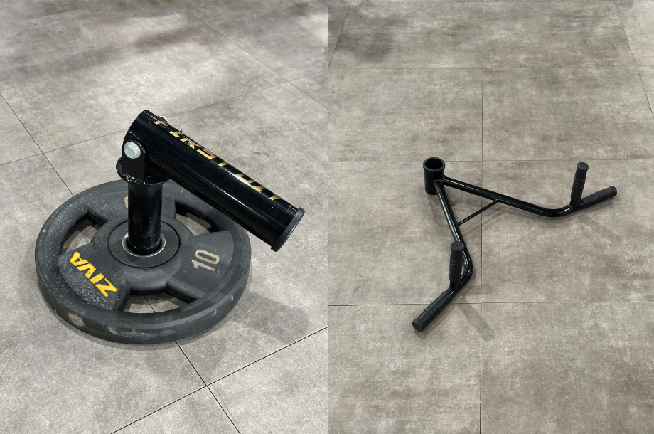 槓鈴筒架與V型把手可以搭配奧槓,執行更多的肌群訓練與旋轉運動 -台中二手槓鈴筒架-台中二手地雷座